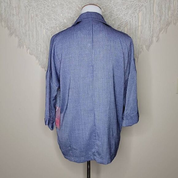 Fashion On Earth Stripe Double Button 3/4 Sleeve Navy Blue Blazer Medium - Picture 14 of 15